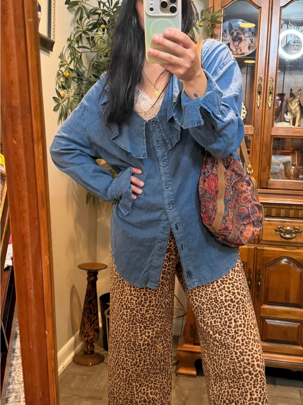 We The Free Denim Blue Ruffle-Trim Button Down Shirt